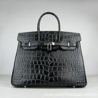 Hermes Birkin 35cm Max Crocodile Veins Leather Bag Dark Black 6089 Silver Hardware