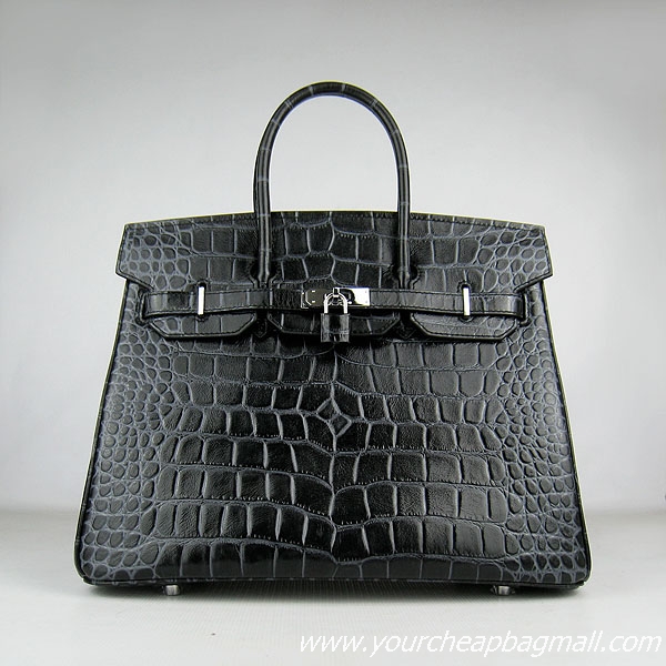 Hermes Birkin 35cm Max Crocodile Veins Leather Bag Dark Black 6089 Silver Hardware