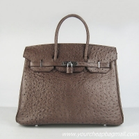 Hermes Birkin 35cm Ostrich Veins Handbag Dark Coffee 6089 Silver Hardware