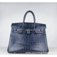 Hermes Birkin 35cm Max Crocodile Veins Leather Bag Dark Blue 6089 Silver Hardware