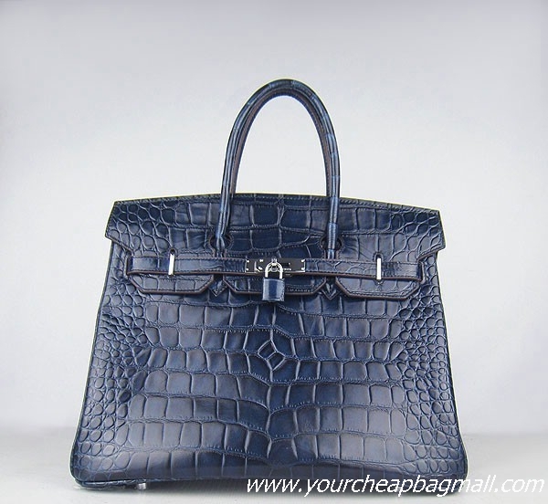 Hermes Birkin 35cm Max Crocodile Veins Leather Bag Dark Blue 6089 Silver Hardware