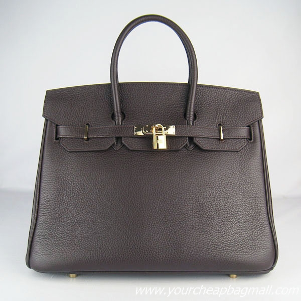 Hermes 35cm Embossed Veins Leather Bag Dark Coffee 6089 Gold Hardware