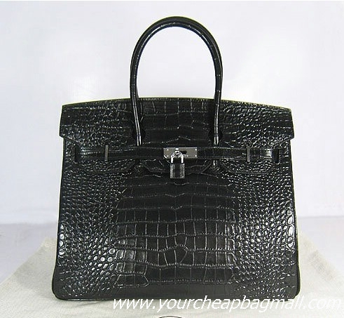 Hermes Birkin 35cm Max Crocodile Veins Leather Bag Black 6089 Silver Hardware