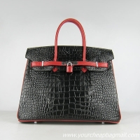 Hermes Birkin 35cm Crocodile Veins Leather Bag Black-Red 6089 Silver Hardware