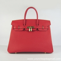 Hermes 35cm Embossed Veins Leather Bag Red 6089 Gold Hardware