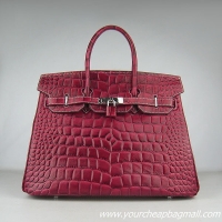 Hermes Birkin 35cm Crocodile Veins Leather Bag Wine Silver Hardware