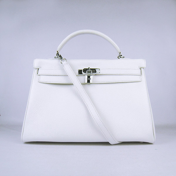 Hermes Kelly 35cm Togo Leather Bag White 6308 Silver Hardware