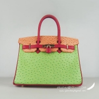 Hermes Birkin 30cm Ostrich Veins Leather Bag Red-Orange-Green Gold Hardware 6088