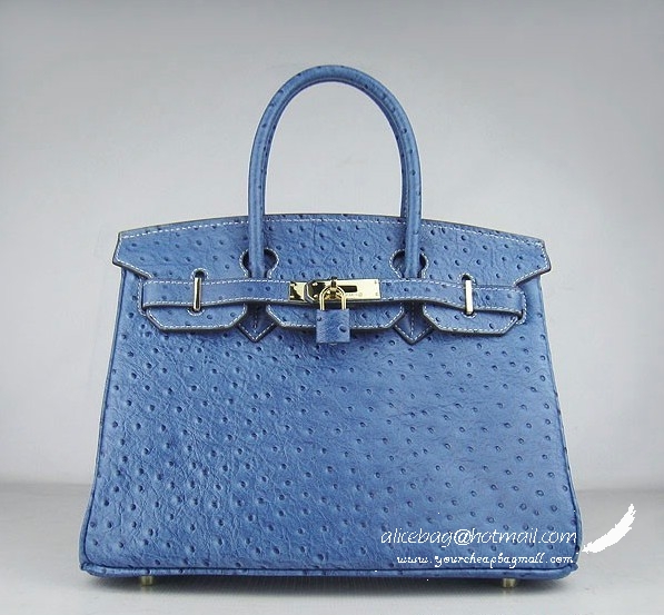 Hermes Birkin 30cm Ostrich Veins Handbag Blue 6088 Gold