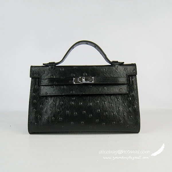 Hermes Kelly 22cm black ostrich stripe bag