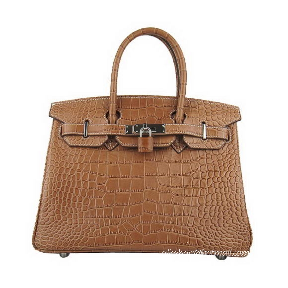 Hermes Birkin 30cm Crocodile Veins Bag Light Coffee 6088 Silver