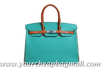 Shop Duplicate 2013 Hermes Birkin 35CM Tote Bag Calf Leather Orange With Light Blue