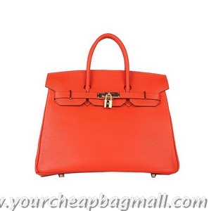 Noble Useful Hermes Birkin 35CM Tote Bag Orange Clemence Leather H6089 Gold