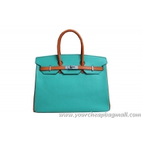 Chic Hermes Birkin 35CM Tote Bag Light Blue And Camel Original Leather BK35 Silver