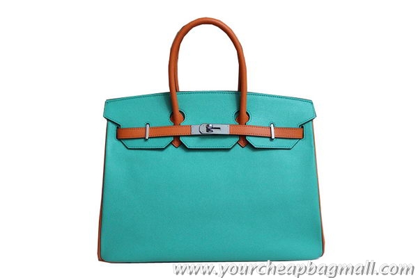 Chic Hermes Birkin 35CM Tote Bag Light Blue And Camel Original Leather BK35 Silver