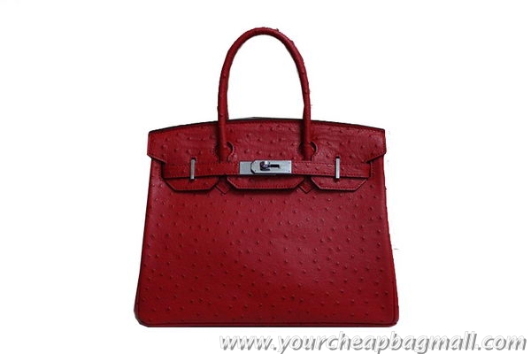 Perfect Hermes Birkin 35CM Tote Bag Red Ostrich Leather BK35 Silver