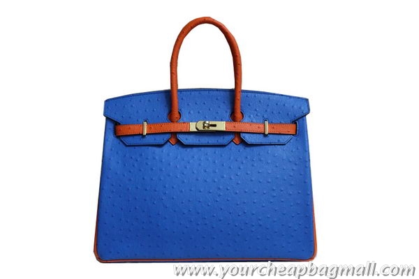 2013 Fashion Hermes Birkin 35CM Tote Bag Blue&Camel Ostrich Leather BK35 Gold