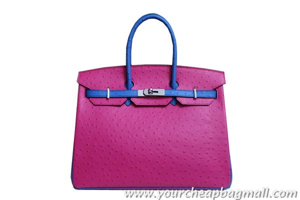 Wholesale Hermes Birkin 35CM Tote Bag Rose And Blue Ostrich Leather BK35 Silver