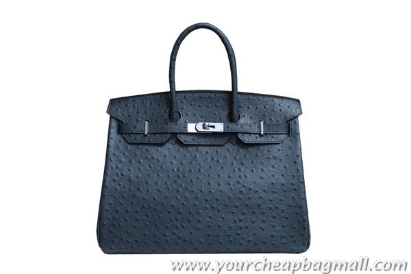 Grade Hermes Birkin 35CM Tote Bag Dark Blue Ostrich Leather BK35 Silver