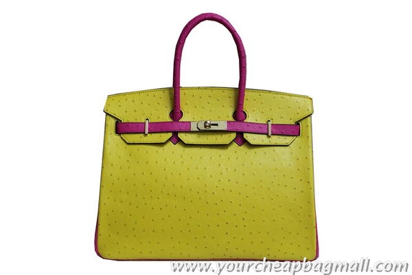 Best Quality Hermes Birkin 35CM Tote Bag Yellow With Rose Ostrich Leather BK35 Gold