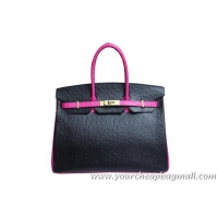 Low Price Hermes Birkin 35CM Tote Bag Black With Rose Ostrich Leather BK35 Gold