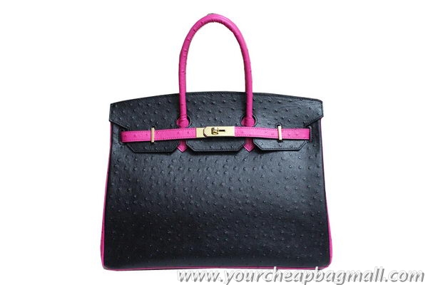 Low Price Hermes Birkin 35CM Tote Bag Black With Rose Ostrich Leather BK35 Gold