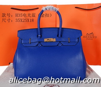 Grade Quality Hermes Birkin 35CM Tote Bag Blue Original Grainy Leather H35 Gold