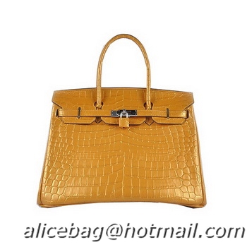 Top Quality Hermes Birkin 35CM Tote Bag Gold Shiny Croco Leather H6089 Silver