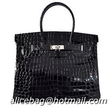 Low Price Hermes Birkin 35CM Tote Bag H35 Black Iridescent Croco Leather Silver