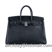 Duplicate Hermes Birkin 35CM Tote Bag H6089 Black Grainy Leather Silver