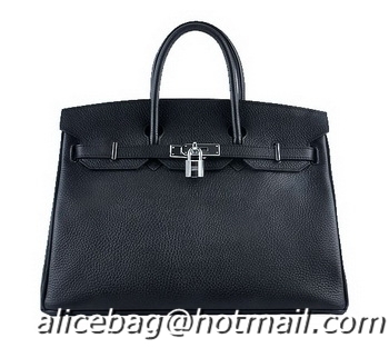 Duplicate Hermes Birkin 35CM Tote Bag H6089 Black Grainy Leather Silver