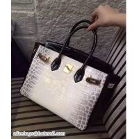 Low Cost Hermes Birkin 30CM Shoulder Bag White&Black Croco Leather H30 Gold