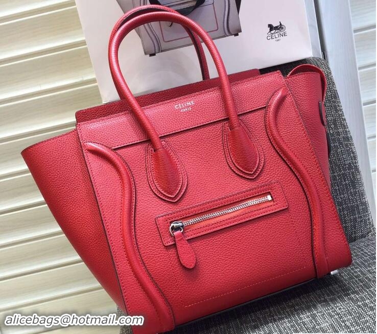 Luxury Discount Celine Luggage Micro Tote Bag in Original Grained Leather 703096 Red/Silver