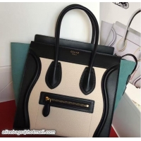 Pretty Style Celine Luggage Micro Tote Bag in Original Leather 703099 Black/Grained Beige/Crinkle Ice Green