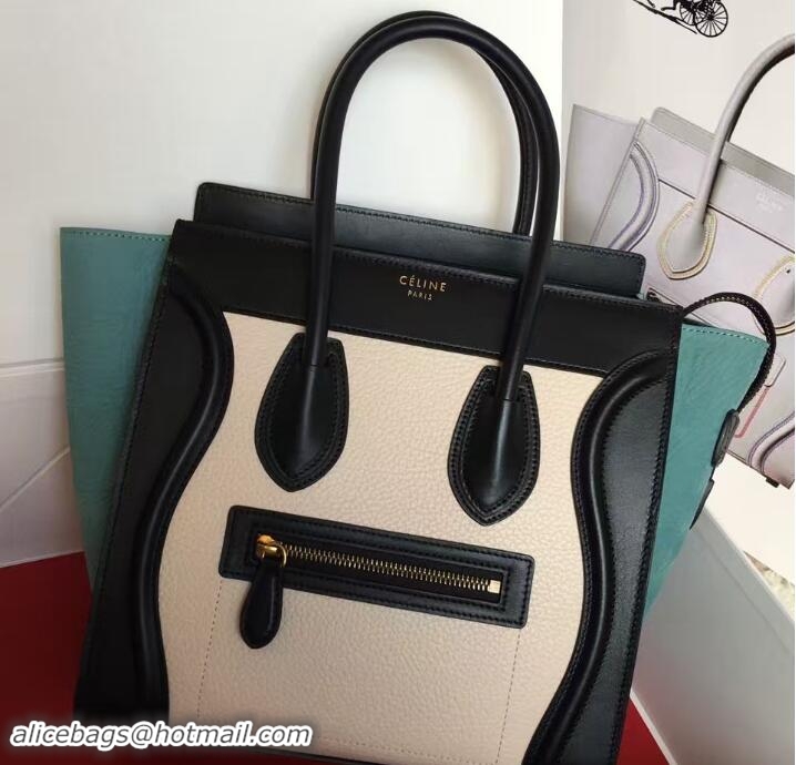 Pretty Style Celine Luggage Micro Tote Bag in Original Leather 703099 Black/Grained Beige/Crinkle Ice Green