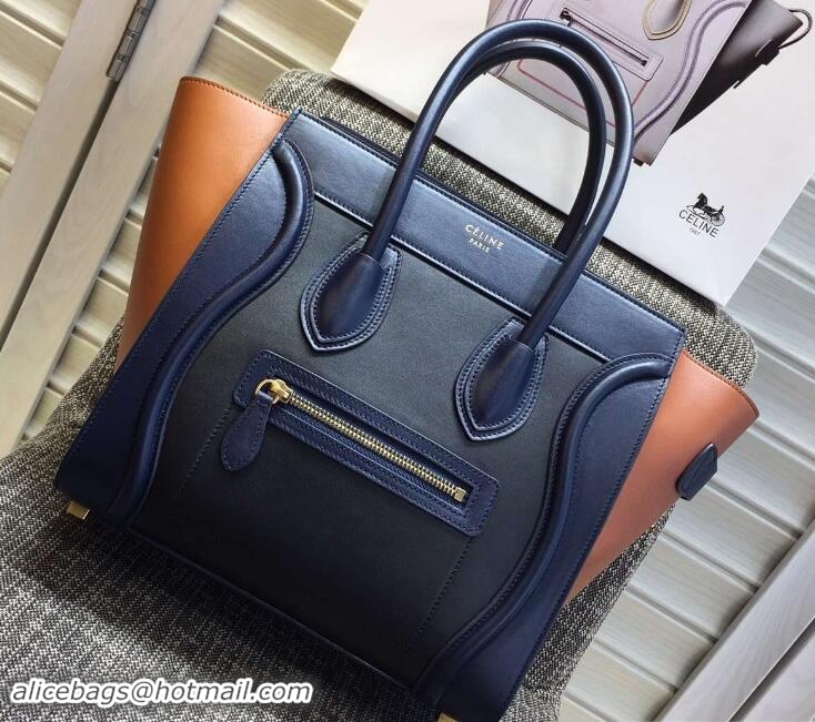 Stylish Celine Luggage Micro Tote Bag in Original Leather Navy Blue/Black/Khaki 703099