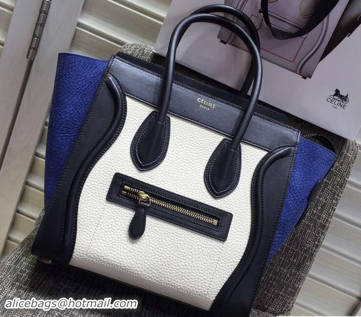 Stylish Celine Luggage Micro Tote Bag in Original Leather Black/Grained White/Crinkle Blue 703101