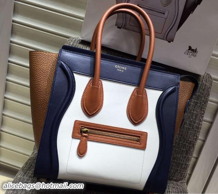 Hot Style Celine Luggage Micro Tote Bag in Original Leather Navy Blue/White/Grained Khaki 703101