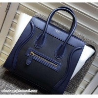 Durable Celine Luggage Micro Tote Bag in Original Leather  Navy Blue/Black/White 703099