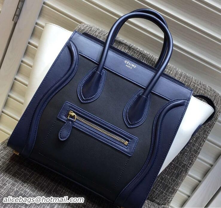 Durable Celine Luggage Micro Tote Bag in Original Leather  Navy Blue/Black/White 703099