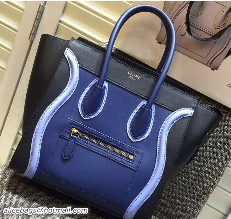 Unique Style Celine Luggage Micro Tote Bag in Original Leather Black/Royal Blue/Sky Blue 703101