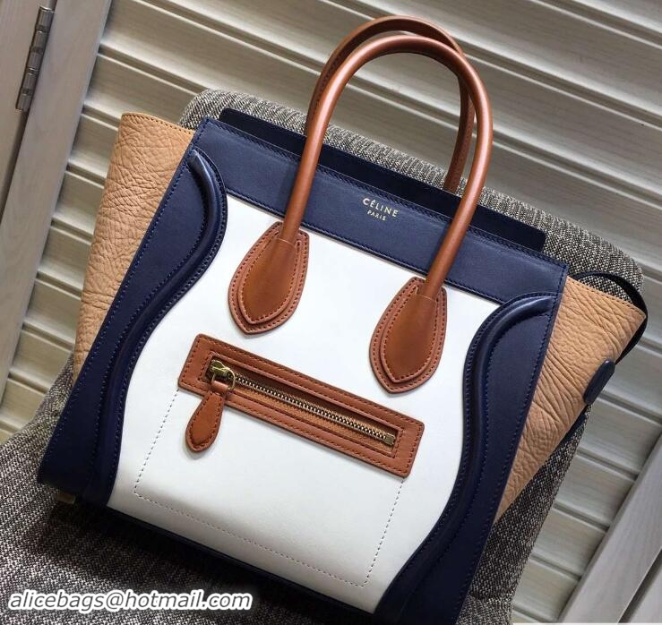 Inexpensive Celine Luggage Micro Tote Bag in Original Leather Navy Blue/White/Crinkle Apricot 703101