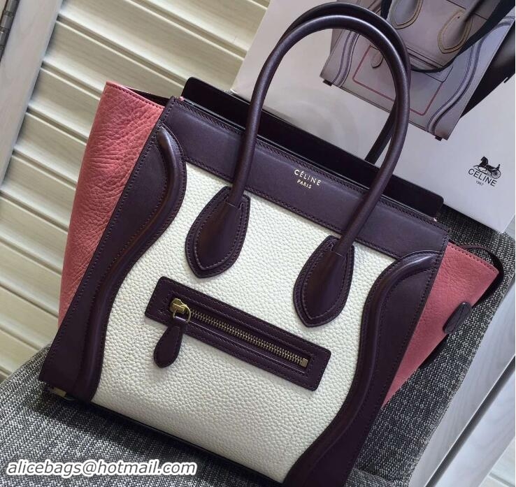 Fashion Celine Luggage Micro Tote Bag in Original Leather Burgundy/Grained White/Crinkle Pink 703101