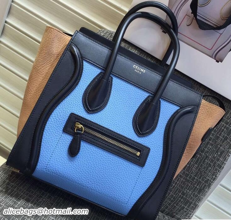 Low Price Celine Luggage Micro Tote Bag in Original Leather Black/Grained Sky Blue/Crinkle Apricot 703101