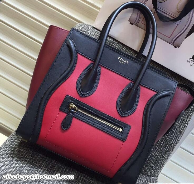 Duplicate Celine Luggage Micro Tote Bag in Original Leather Black/Peach/Burgundy 703099