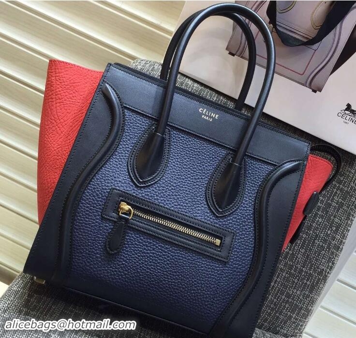 Sumptuous Celine Luggage Micro Tote Bag in Original Leather Black/Grained Navy Blue/Crinkle Red 703101