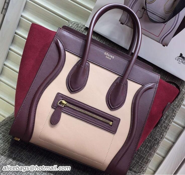 Chic Celine Luggage Micro Tote Bag in Original Leather Burgundy/Beige/Suede Red 703099