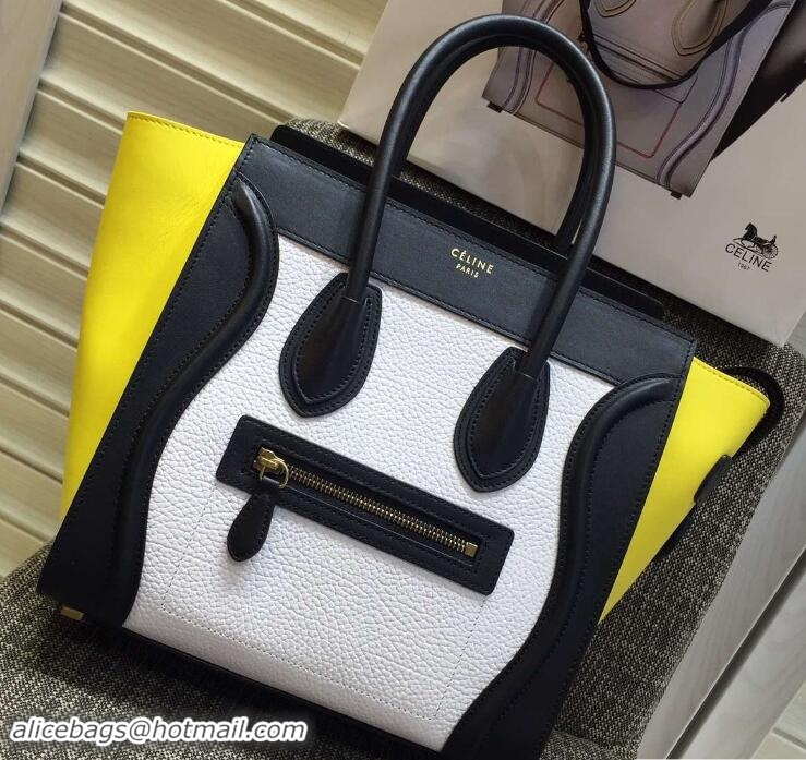 Chic Celine Luggage Micro Tote Bag in Original Leather Black/Grained White/Yellow 703101