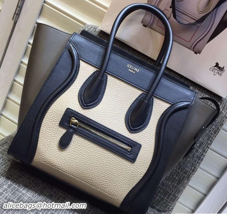 Classic Celine Luggage Micro Tote Bag in Original Leather Black/Grained White/Etoupe 703101