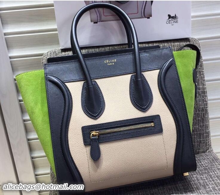 Discount Fashion Celine Luggage Micro Tote Bag in Original Leather Black/Grained Beige/Suede Green 703101